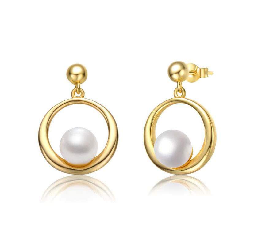 Lab Created Sterling Silver 14K Gold Plated with White Freshwater Pearl Eternity Circle Halo Dangle Earrings