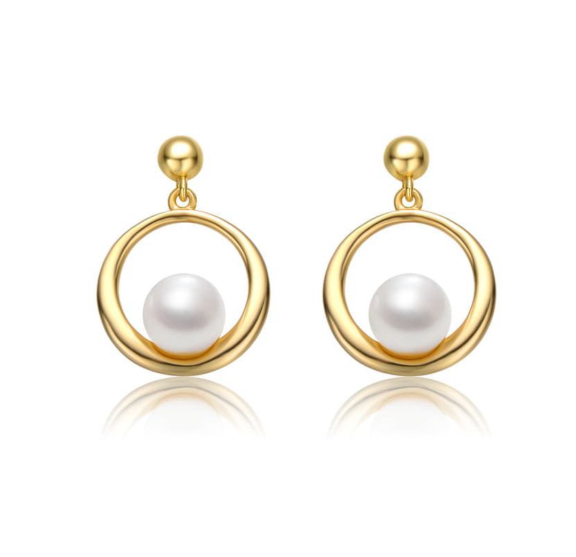 Lab Created Sterling Silver 14K Gold Plated with White Freshwater Pearl Eternity Circle Halo Dangle Earrings
