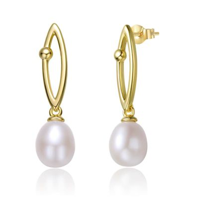 Rozzato Lab Created Sterling Silver 14K Gold Plated with White Freshwater Pearl & Cubic Zirconia Oblong Drop Earrings