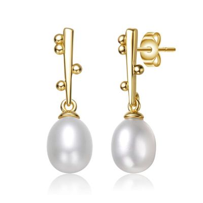Rozzato Lab Created Sterling Silver 14K Gold Plated with White Freshwater Pearl Linear Stick Earrings