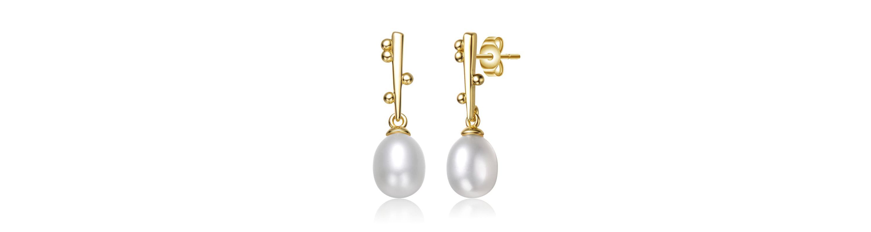 Lab Created Sterling Silver 14K Gold Plated with White Freshwater Pearl Linear Stick Earrings