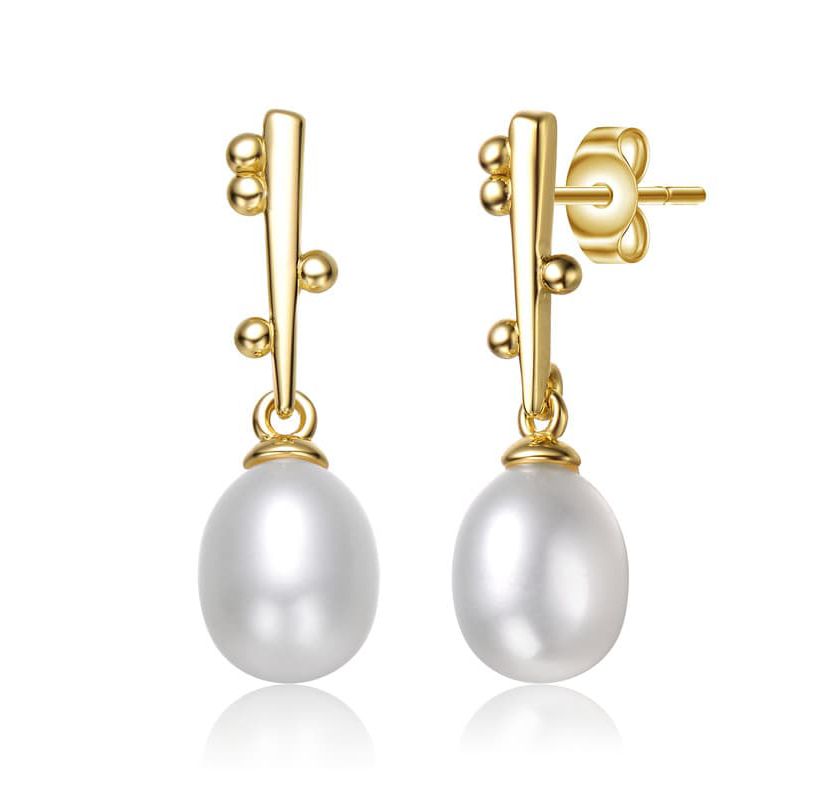 Lab Created Sterling Silver 14K Gold Plated with White Freshwater Pearl Linear Stick Earrings