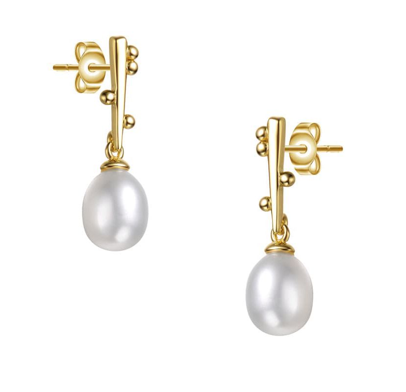 Lab Created Sterling Silver 14K Gold Plated with White Freshwater Pearl Linear Stick Earrings