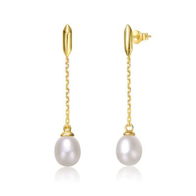 Rozzato Lab Created Sterling Silver 14K Gold Plated with White Freshwater Pearl Linear Dangle Drop Cable Chain Earrings