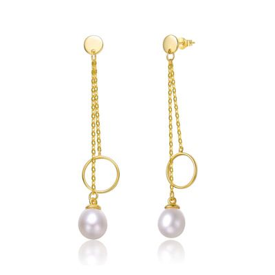 Rozzato Lab Created Sterling Silver 14K Gold Plated with White Freshwater Pearl & Eternity Circle Double Drop Earrings