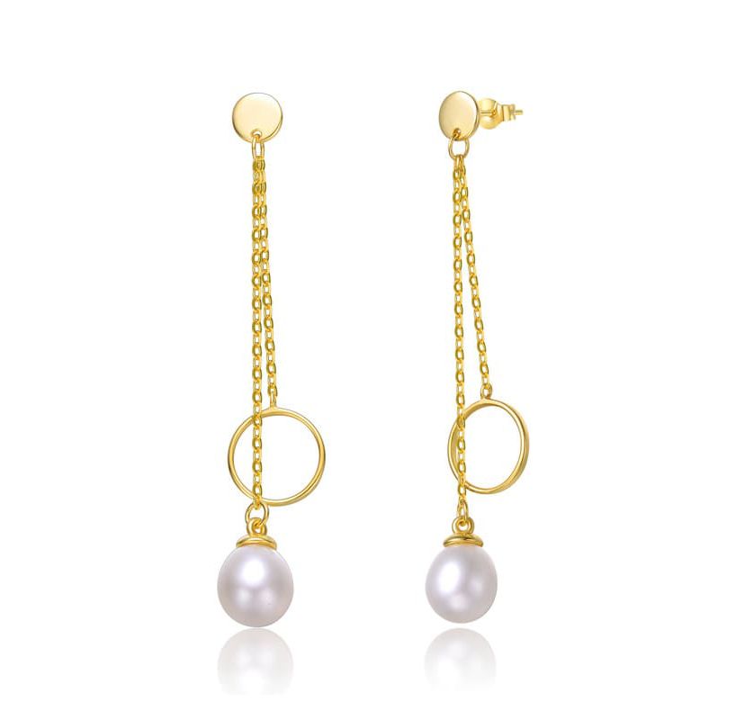 Lab Created Sterling Silver 14K Gold Plated with White Freshwater Pearl & Eternity Circle Double Drop Earrings