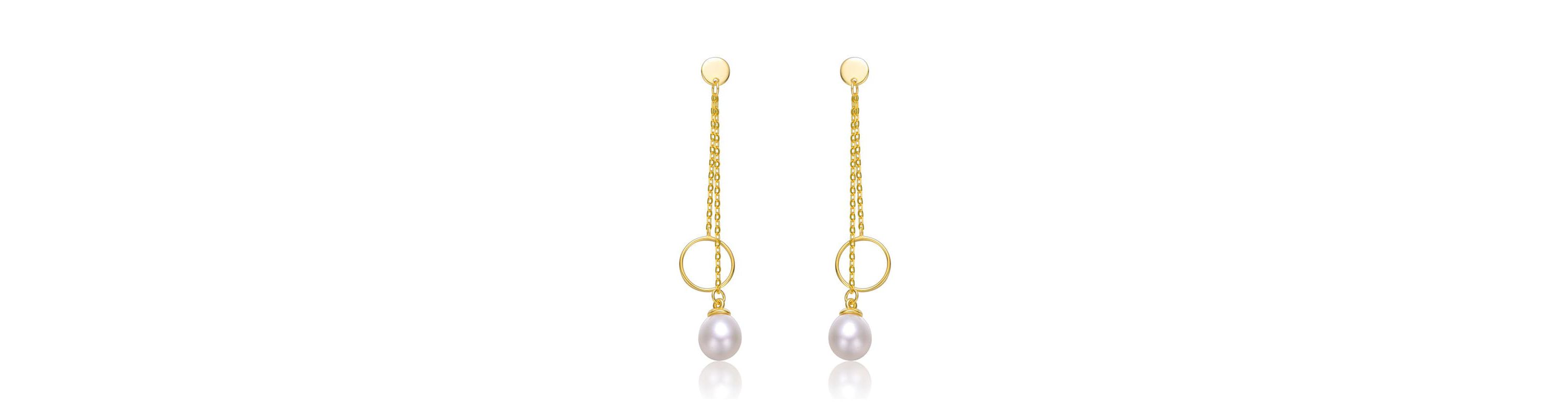 Lab Created Sterling Silver 14K Gold Plated with White Freshwater Pearl & Eternity Circle Double Drop Earrings