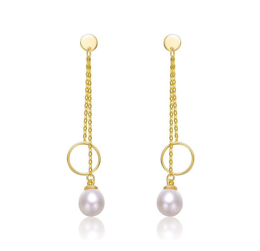 Lab Created Sterling Silver 14K Gold Plated with White Freshwater Pearl & Eternity Circle Double Drop Earrings