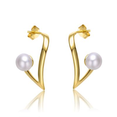 Rozzato Lab Created Sterling Silver 14K Gold with White Freshwater Pearl Open Geometric Abstract Art Earrings
