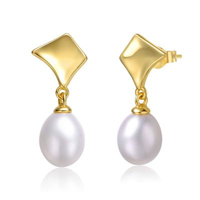 Rozzato Lab Created Sterling Silver 14K Gold with White Freshwater Pearl Drop Geometric Shield Retro Dangle Earrings