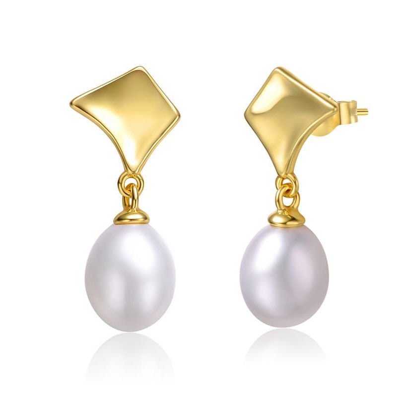 Lab Created Sterling Silver 14K Gold with White Freshwater Pearl Drop Geometric Shield Retro Dangle Earrings