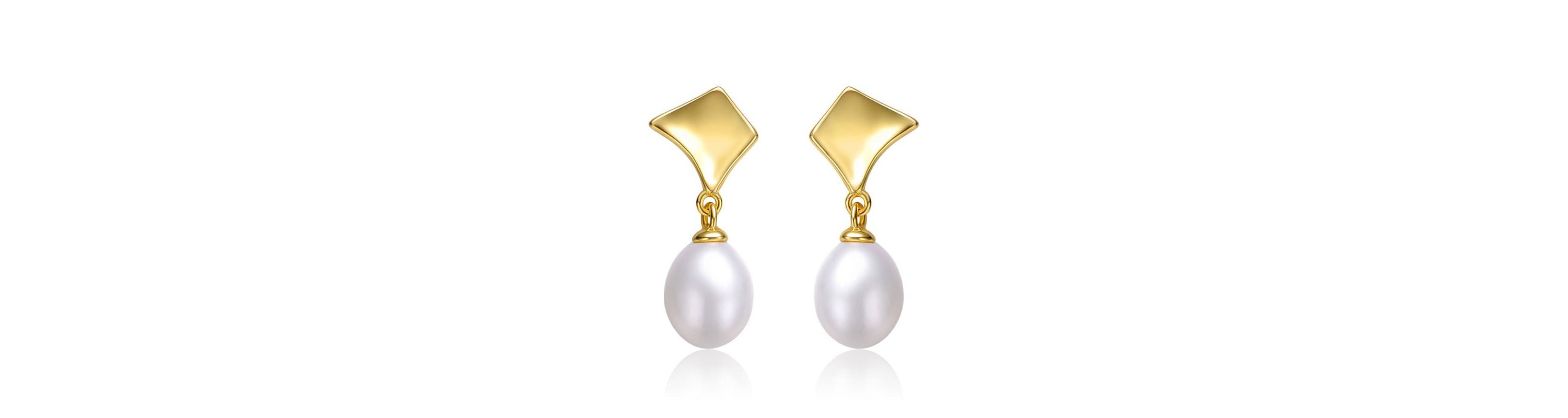 Lab Created Sterling Silver 14K Gold with White Freshwater Pearl Drop Geometric Shield Retro Dangle Earrings