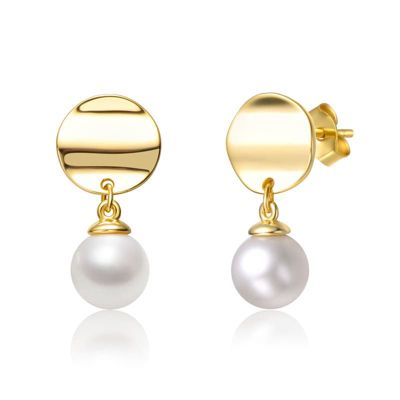 Rozzato Lab Created Sterling Silver 14K Gold-Plated with White Freshwater Pearl Medallion Coin Drop Earrings