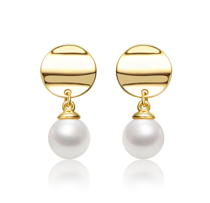 Lab Created Sterling Silver 14K Gold-Plated with White Freshwater Pearl Medallion Coin Drop Earrings