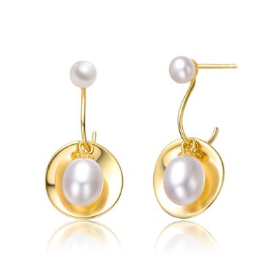 Rozzato Lab Created Sterling Silver 14K Gold Plated with White Freshwater Pearl Drop Seashell Dangle Earrings