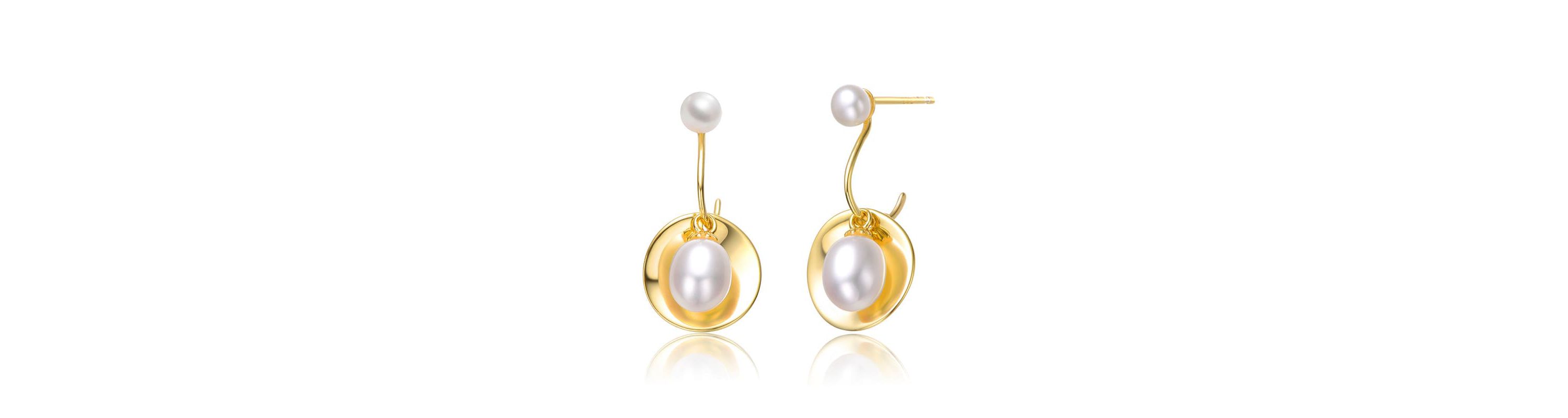 Lab Created Sterling Silver 14K Gold Plated with White Freshwater Pearl Drop Seashell Dangle Earrings