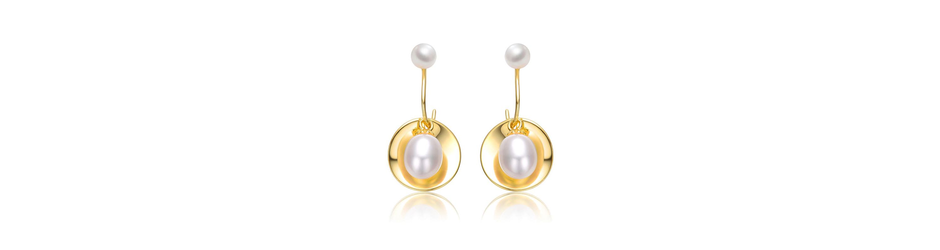 Lab Created Sterling Silver 14K Gold Plated with White Freshwater Pearl Drop Seashell Dangle Earrings