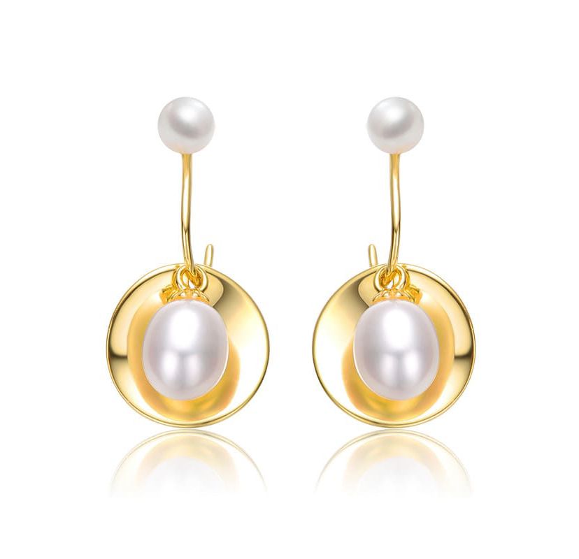 Lab Created Sterling Silver 14K Gold Plated with White Freshwater Pearl Drop Seashell Dangle Earrings