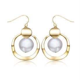 Rozzato Lab Created Sterling Silver 14K Gold Plated with White Freshwater Pearl Concentric Halo Dangle Earrings
