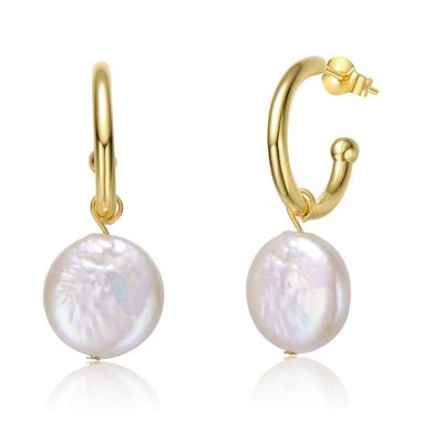 Rozzato Lab Created Sterling Silver 14K Gold Plated with White Coin Freshwater Pearl Drop C-Hoop Earrings