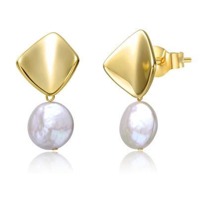 Rozzato Lab Created Sterling Silver 14K Gold Plated with White Coin Freshwater Pearl Drop Double Dangle Geometric Earrings