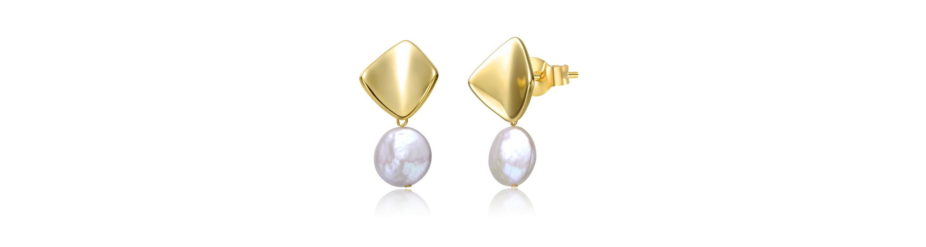 Lab Created Sterling Silver 14K Gold Plated with White Coin Freshwater Pearl Drop Double Dangle Geometric Earrings