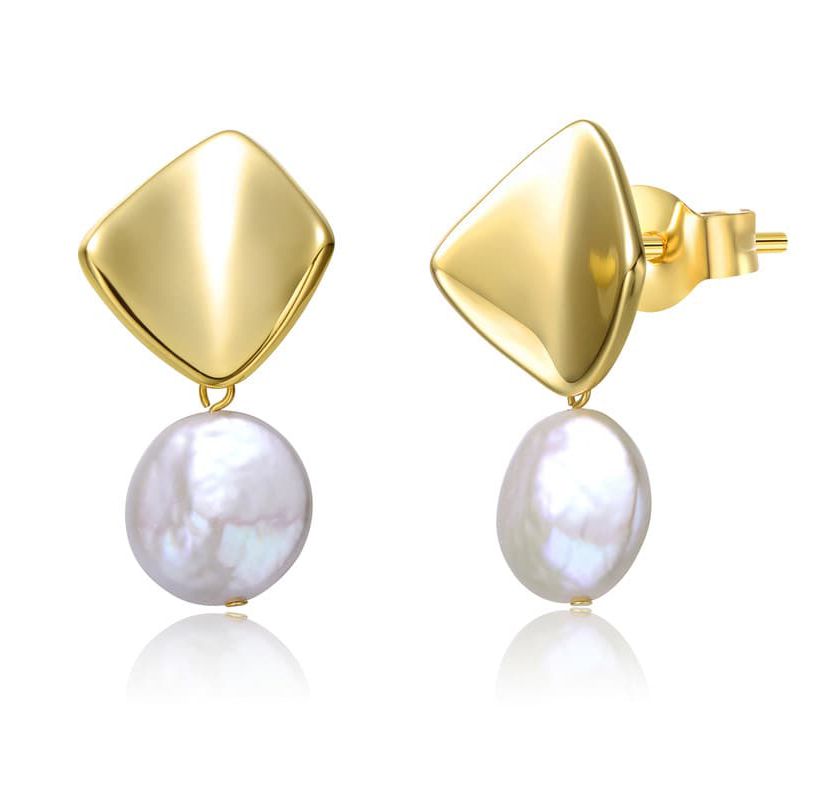 Lab Created Sterling Silver 14K Gold Plated with White Coin Freshwater Pearl Drop Double Dangle Geometric Earrings