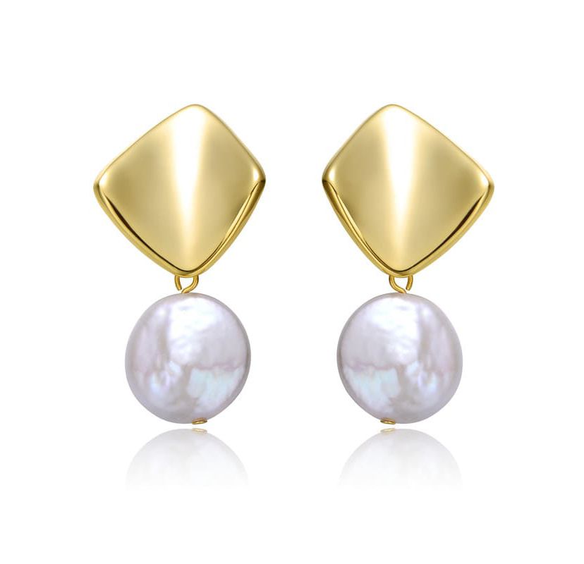 Lab Created Sterling Silver 14K Gold Plated with White Coin Freshwater Pearl Drop Double Dangle Geometric Earrings