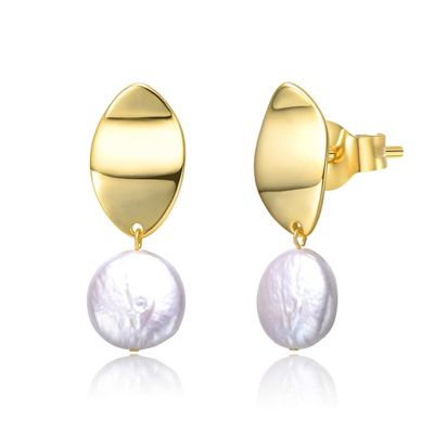 Rozzato Lab Created Sterling Silver 14K Gold-Plated with White Coin Pearl Drop Earrings