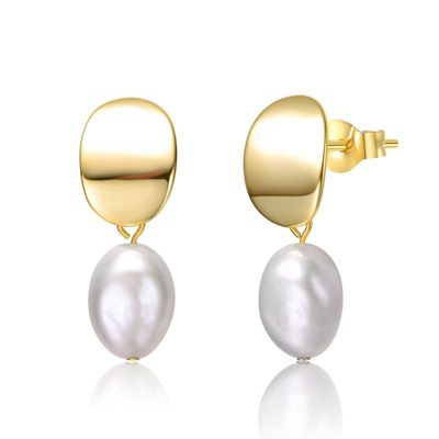 Rozzato Lab Created Sterling Silver 14K Gold Plated with Oval White Freshwater Pearl Drop Earrings
