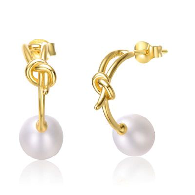 Rozzato Lab Created Sterling Silver 14K Gold Plated with White Freshwater Pearl Love Knot Half-Hoop Earrings