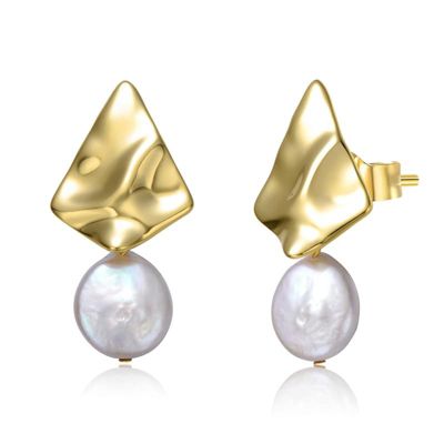 Rozzato Lab Created Sterling Silver 14K Gold Plated with White Coin Freshwater Pearl Drop Geometric Rippled 3D Double Dangle Earrings
