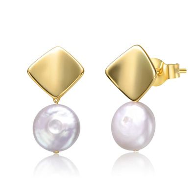 Rozzato Lab Created Sterling Silver 14K Gold Plated with White Coin Freshwater Pearl Double Dangle Square Earrings