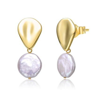 Rozzato Lab Created Sterling Silver 14K Gold Plated with White Coin Freshwater Pearl Raindrop Double Dangle Drop Earrings