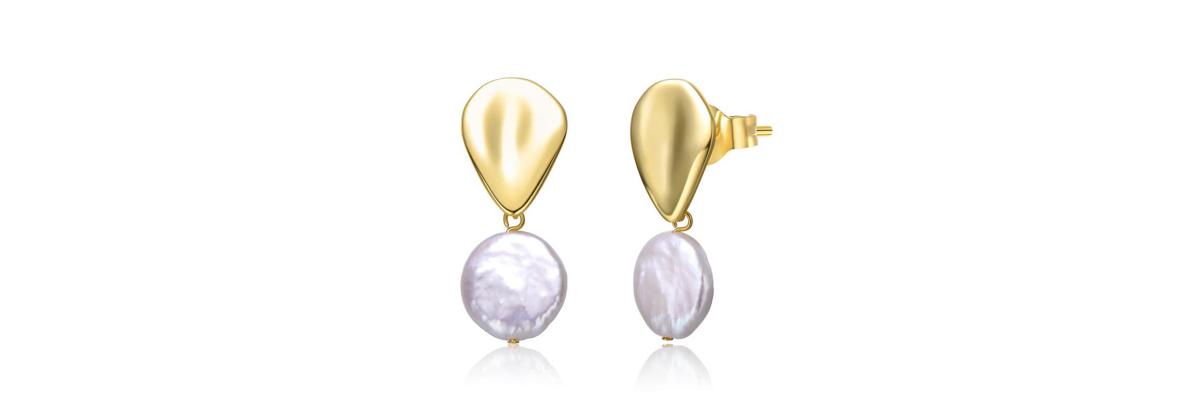Lab Created Sterling Silver 14K Gold Plated with White Coin Freshwater Pearl Raindrop Double Dangle Drop Earrings