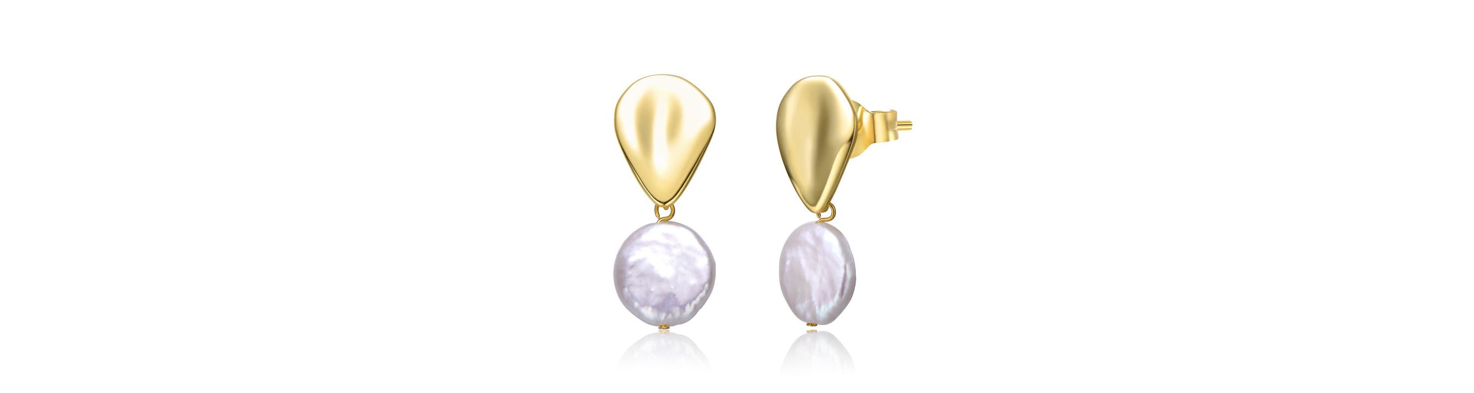 Lab Created Sterling Silver 14K Gold Plated with White Coin Freshwater Pearl Raindrop Double Dangle Drop Earrings