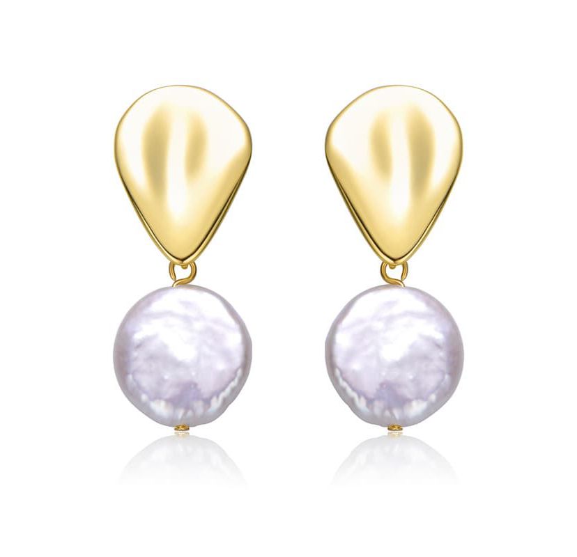 Lab Created Sterling Silver 14K Gold Plated with White Coin Freshwater Pearl Raindrop Double Dangle Drop Earrings