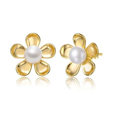 Rozzato Lab Created Sterling Silver 14K Gold Plated with White Freshwater Pearl Blooming Daisy Flower Stud Earrings