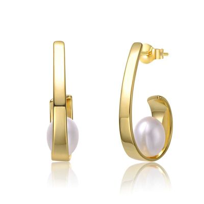 Rozzato Lab Created Sterling Silver 14K Gold-Plated with White Freshwater Pearl Drops Ribbon Half-Hoop Earrings