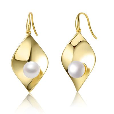 Rozzato Lab Created Sterling Silver 14K Gold Plated with White Freshwater Pearl Lily Pad Dangle Drop Wire Earrings