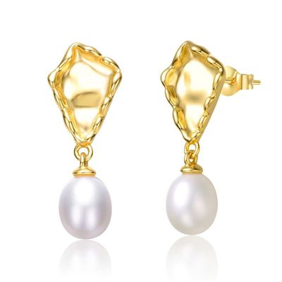 Rozzato Lab Created Sterling Silver 14K Gold Plated with White Freshwater Pearl Nugget Dangle Earrings
