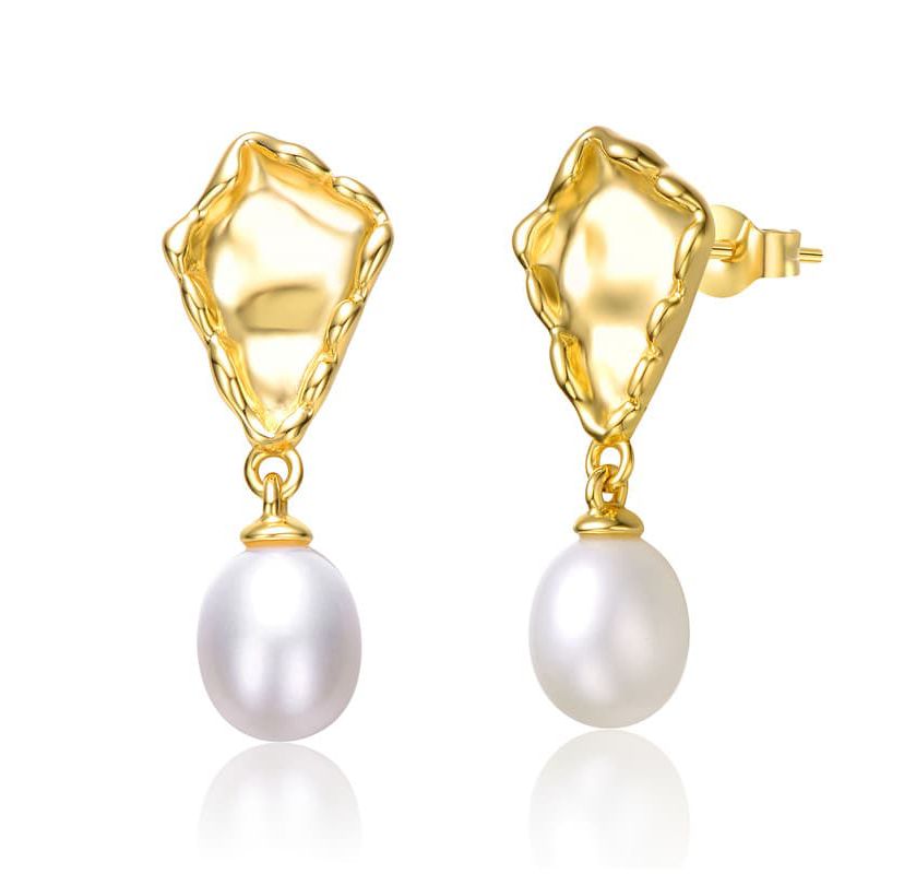Lab Created Sterling Silver 14K Gold Plated with White Freshwater Pearl Nugget Dangle Earrings