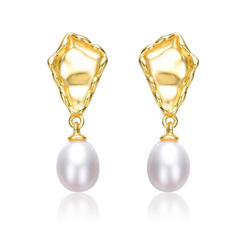 Lab Created Sterling Silver 14K Gold Plated with White Freshwater Pearl Nugget Dangle Earrings