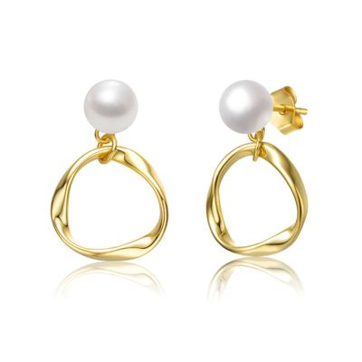 Rozzato Lab Created Sterling Silver 14K Gold Plated with White Freshwater Pearl Twisted Eternity Circle Halo Double Drop Dangle Earrings