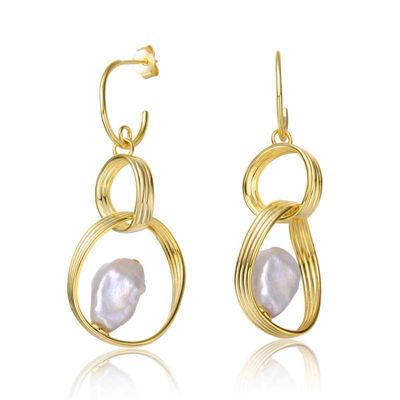 Rozzato Lab Created Sterling Silver 14K Gold Plated with White Freshwater Pearl Double Drop Half-Hoop Dangle Earrings