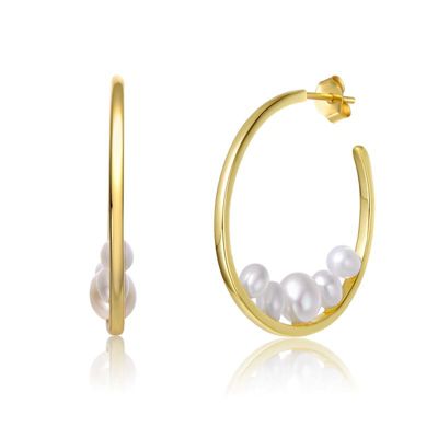 Rozzato Lab Created Sterling Silver 14K Gold Plated with White Freshwater Pearl Cluster C-Hoop Earrings