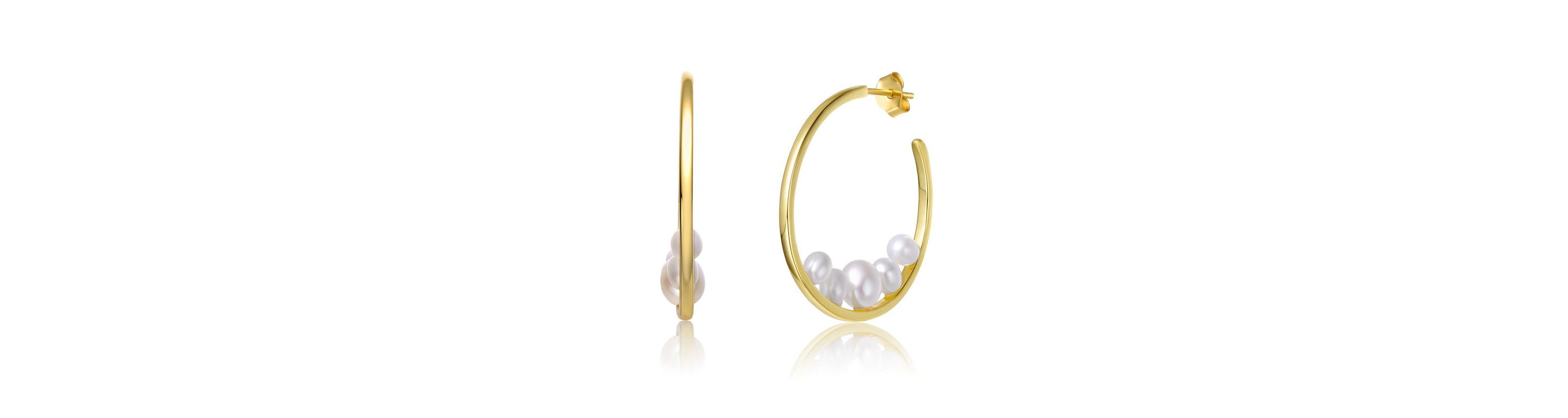 Lab Created Sterling Silver 14K Gold Plated with White Freshwater Pearl Cluster C-Hoop Earrings