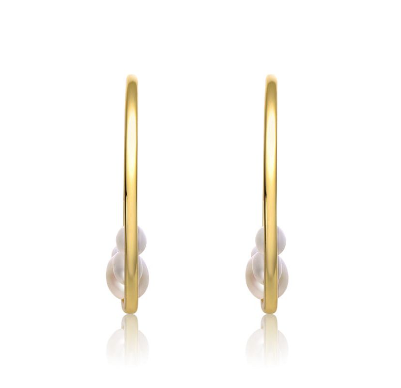 Lab Created Sterling Silver 14K Gold Plated with White Freshwater Pearl Cluster C-Hoop Earrings