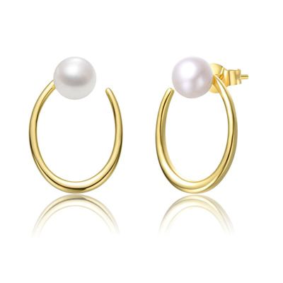 Rozzato Lab Created Sterling Silver 14K Gold Plated with White Freshwater Pearl Oblong Oval Halo Hoop Earrings