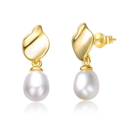 Rozzato Lab Created Sterling Silver 14K Gold Plated with Oval White Freshwater Pearl Seashell Design Drop Earrings